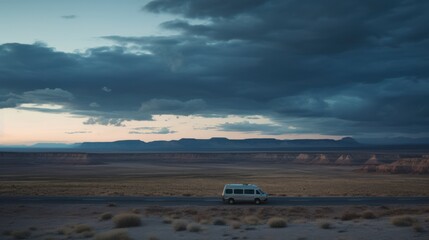 A solitary van journeys through a wide, desolate landscape under a moody sky, evoking solitude and exploration.