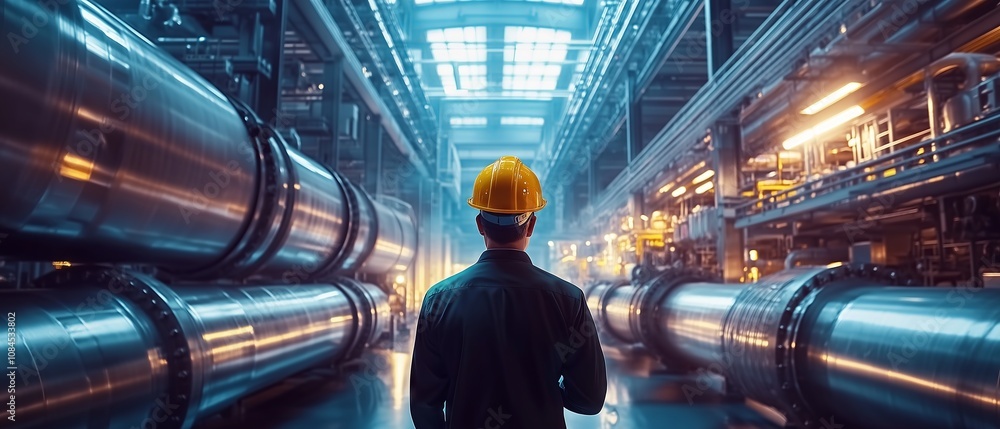 Poster industrial engineer inspecting pipeline system in modern factory