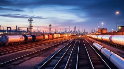 A long freight train stretches into the horizon beneath the setting sun, framed by an industrial landscape bathed in golden hues.