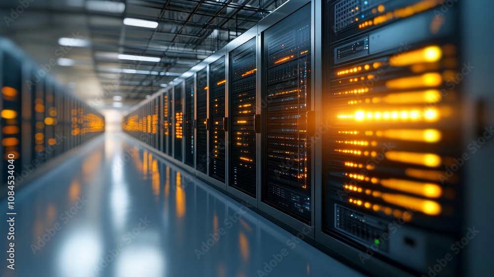 Poster a computer server room with a long row of servers