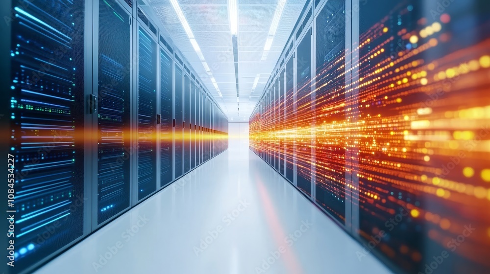 Poster a computer server room with rows of servers
