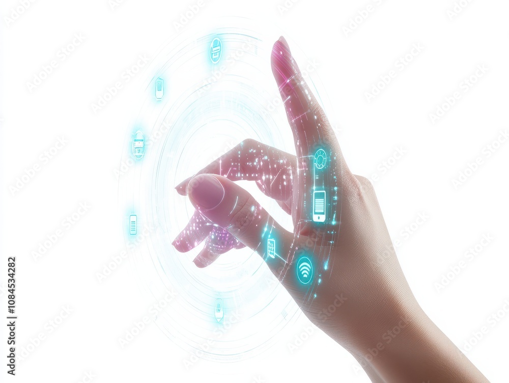 Aufkleber a hand interacts with holographic security and data icons on a white background, representing cyber 