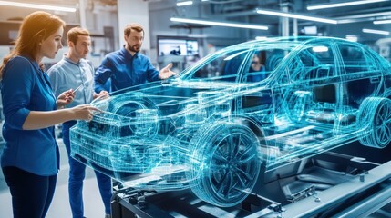 A group of engineers discussing the design and manufacturing of a new automobile, emphasizing the global automotive industry's value chain. Generative Ai.