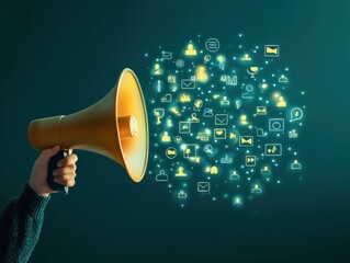 A hand holding a megaphone with glowing social media icons and people symbols on a dark green background, concept of marketing or advertising a social network service.