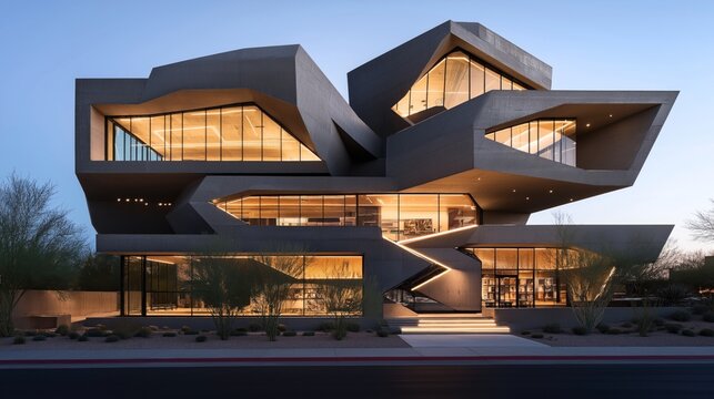 Modern architectural building with angular design and extensive glass windows at dusk