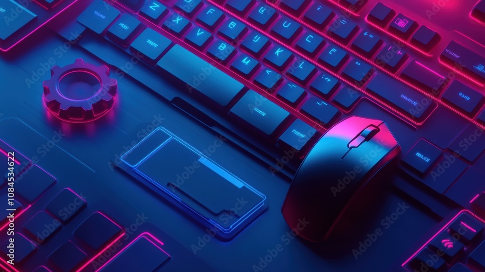 Fototapete a sleek keyboard and mouse setup features a gear icon overlay, showcasing a colorful neon design per