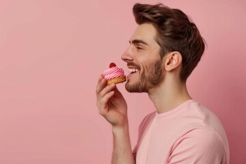 Handsome man enjoying sweet dessert in profile side photo