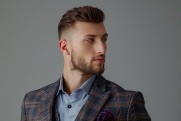 Obraz premium Stylish classy person in blazer jacket isolated on grey.