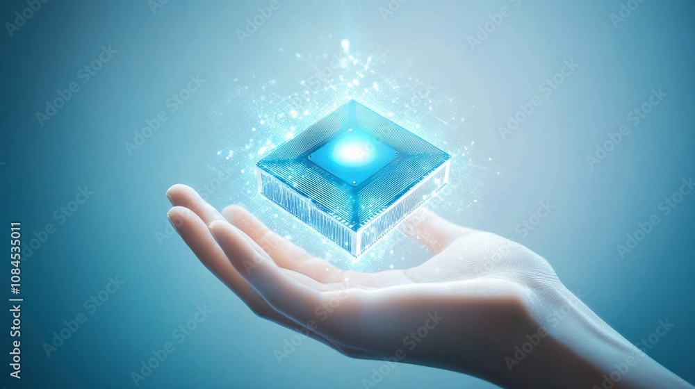 Poster a new cpu technology concept with a hand holding a new generation cpu, symbolizing cutting-edge adva