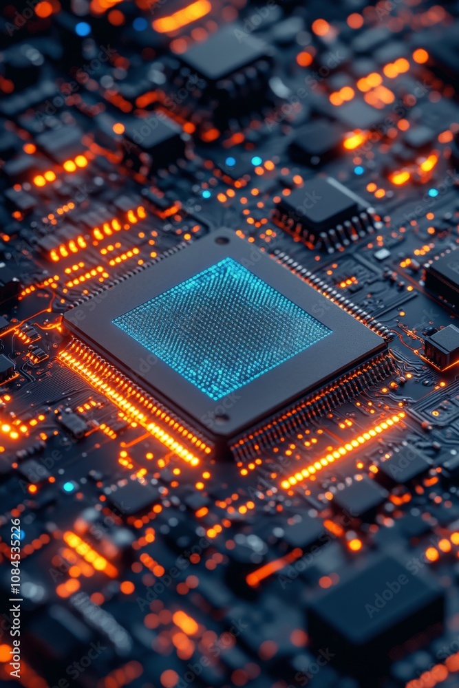 Aufkleber close up of a modern microprocessor on a circuit board with glowing components at night