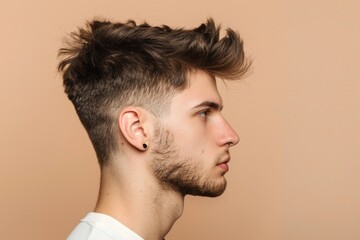 Obraz premium Young man with new haircut poses for profile photo.