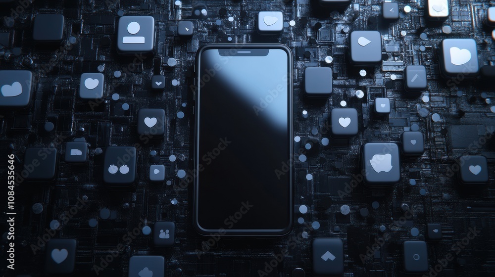 Aufkleber A smartphone placed on a dark surface with various floating icons symbolizing notifications, likes, and comments surrounding it. Generative AI