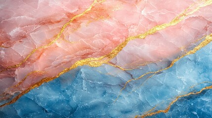 A textured surface featuring pink and blue marble with gold veins.