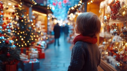 Obraz premium a child, inside a Christmas store. Big store. Full-length child, standing looking at the store with eyes of joy. generative ai