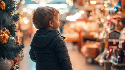 Fototapeta premium a child, inside a Christmas store. Big store. Full-length child, standing looking at the store with eyes of joy. generative ai