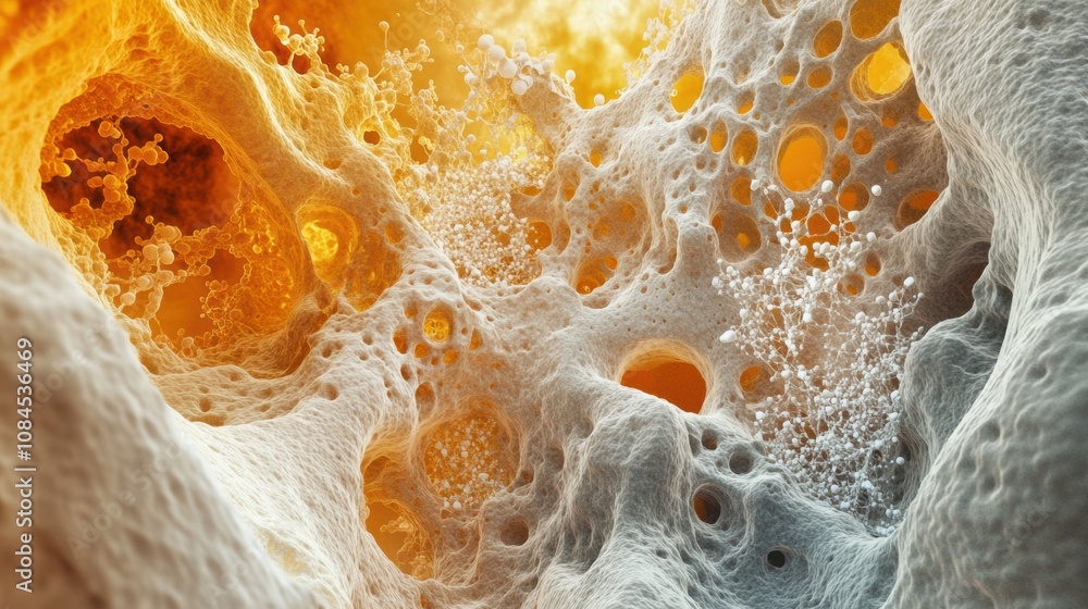 Poster the view reveals intricate cellular structures with various shapes and colors, showcasing biological