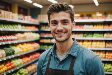 Fototapeta premium Close portrait of a smiling young Serbian male grocer standing and looking at the camera, Serbian grocery store blurred background
