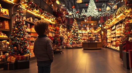Fototapeta premium a child, inside a Christmas store. Big store. Full-length child, standing looking at the store with eyes of joy. generative ai