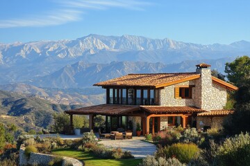 Scenic mountain view of a rustic home with a beautiful landscape in the background at dawn