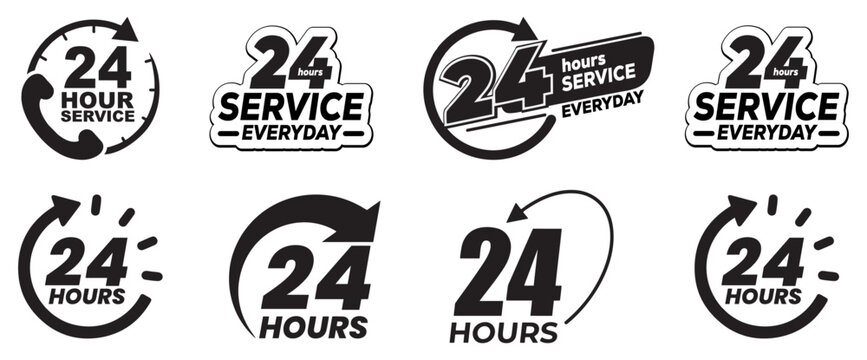 24 hours support a variety of symbols, icons, badges, labels, and stickers for Customer Service, Support, and Call Center Concept Isolated on a White Background.