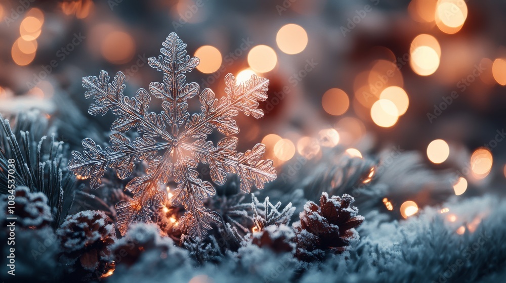 Poster delicate snowflake resting on a surface of shimmering ice crystals with a warm background glow