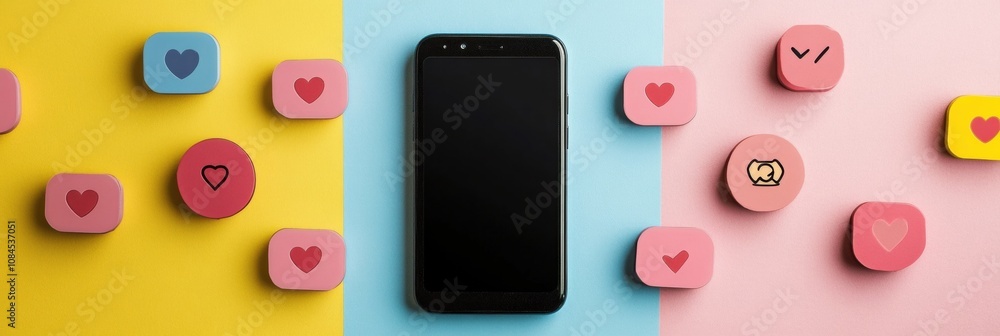 Aufkleber A smartphone is displayed on a vibrant background surrounded by notifications like likes and comments from social media platforms. Generative AI