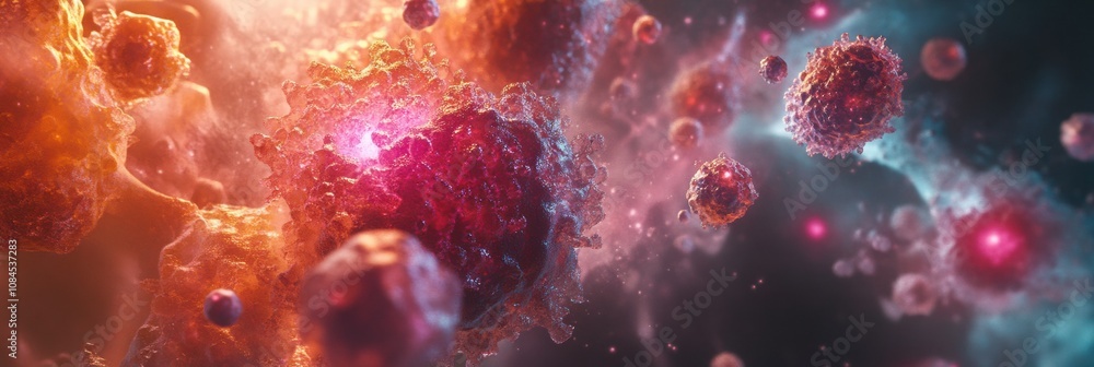 Aufkleber a detailed examination of cells and structures showcases their dynamic interactions and vibrant colo