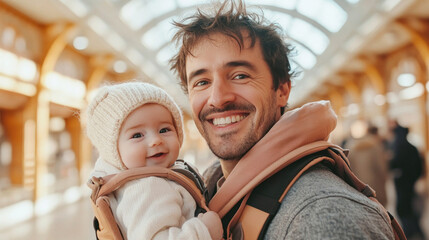 Obraz premium Father smiling and carrying his baby in a carrier in a mall