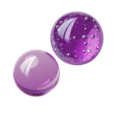 Purple glass beads and violet epoxy resin spheres. Realistic 3D vector droplets with transparency effects and a transparent background. Crystal spheres featuring tiny bubbles