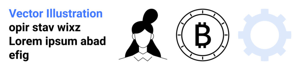 Woman avatar with hair bun, Bitcoin symbol inside a circle, and a semi-transparent gear outline. Ideal for tech, finance, cryptocurrency, minimalism, business, modern design, landing pages