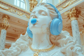 Classic Marble Statue with Blue Headphones Blowing Bubblegum in an Ornate Museum Setting -...