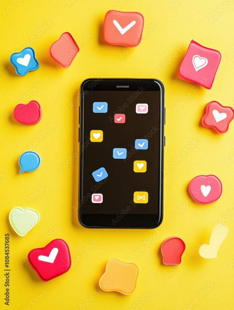 Poster a smartphone shows various notifications, likes, and comments while colorful icon shapes surround it