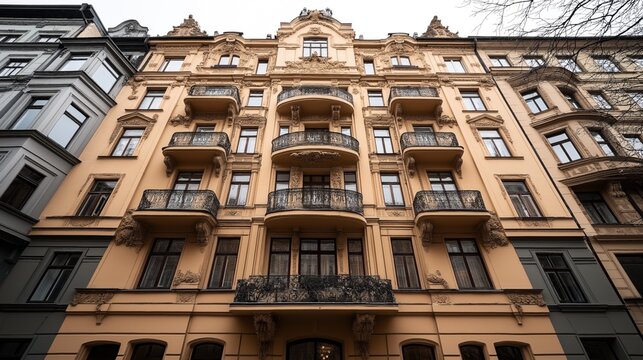 Facade of ornate historic building with balconies and decorative architectural details in urban setting