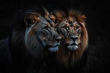 Obraz premium Two majestic lions stand side by side in a natural habitat during a cloudy day