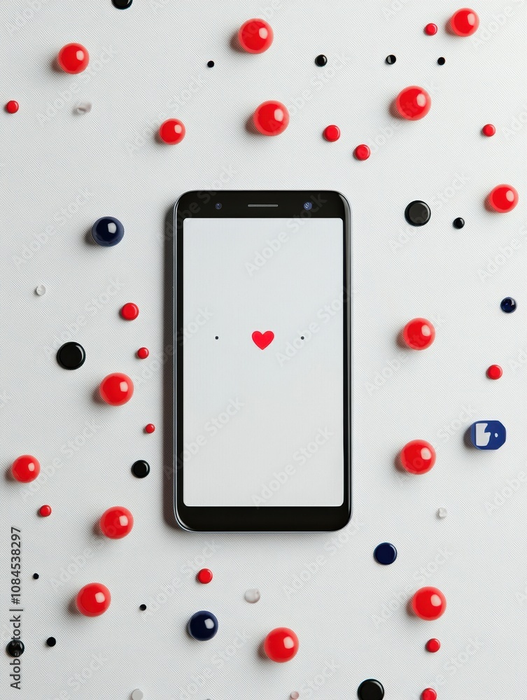 Poster a smartphone sits on a clean table, encircled by vibrant icons of notifications, likes, and comments