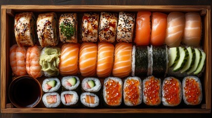 A Stunning Array of Sushi Rolls in a Wooden Box: A Culinary Masterpiece