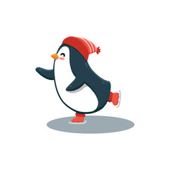 cute cartoon penguin is skating. Illustration in flat style for christmas card. Funny penguin with santa's hat.