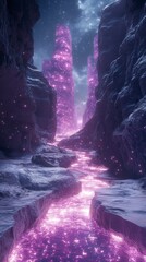 Fototapeta premium Purple Glow Canyon: A Mystical Otherworldly Landscape with Glowing City Structures