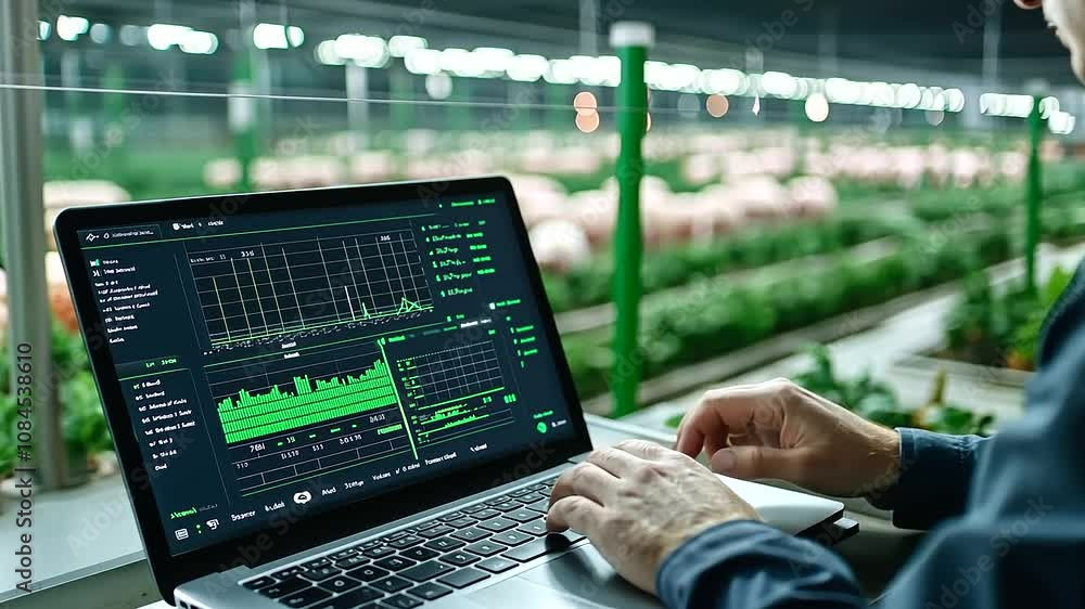 Poster the sleek iot dashboard in a modern pig farm displays data from smart sensors monitoring pig health,