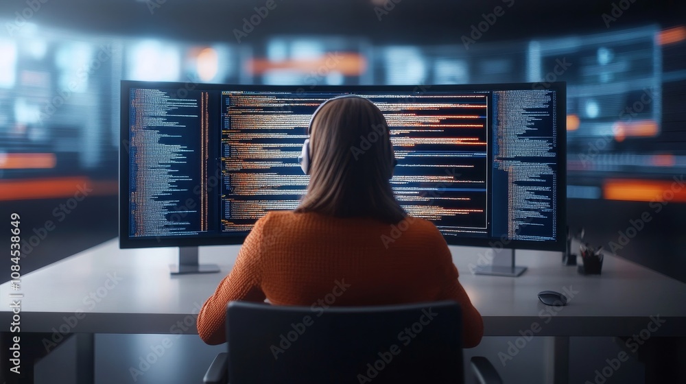 Poster a woman is sitting in front of a computer monitor with a lot of code on it