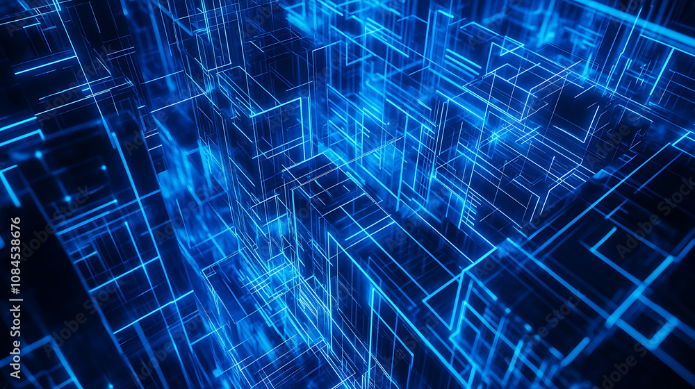 Poster a blueprint of an office building with digital lines and blue hues representing the future of archit