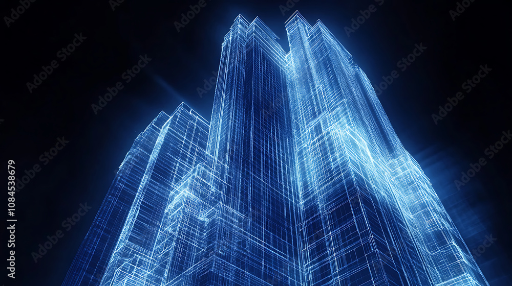 Aufkleber A blue hologram of modern highrise building on dark background with glowing lines and white buildings construction engineering concept, real estate business or digital