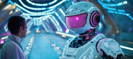 Engineer meeting futuristic robot in spaceship corridor with neon lights