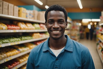 Naklejka premium Close portrait of a smiling young Sudanese male grocer standing and looking at the camera, Sudanese grocery store blurred background