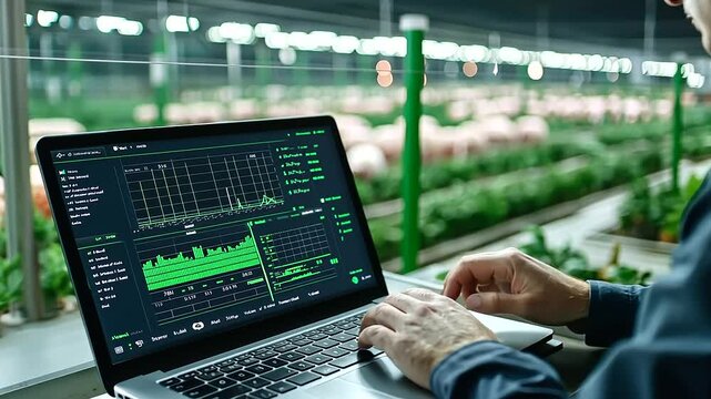 The sleek IoT dashboard in a modern pig farm displays data from smart sensors monitoring pig health, feed intake, and barn conditions, with a panoramic view of the automated farm i
