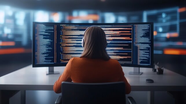 A woman is sitting in front of a computer monitor with a lot of code on it