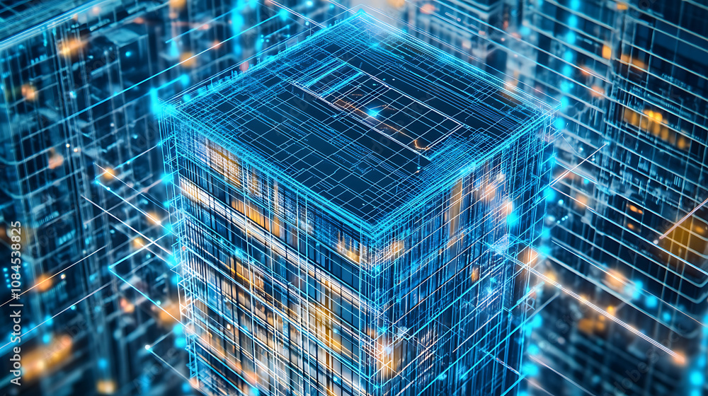Poster a blueprint of an office building with digital lines and blue hues representing the future of archit