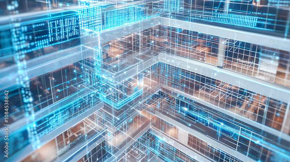 Poster a blueprint of an office building with digital lines and blue hues representing the future of archit