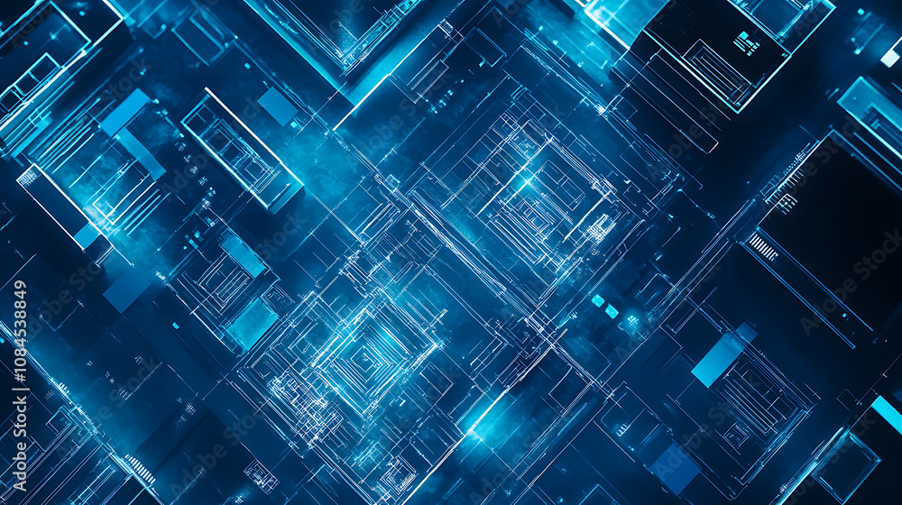Poster a blueprint of an office building with digital lines and blue hues representing the future of archit