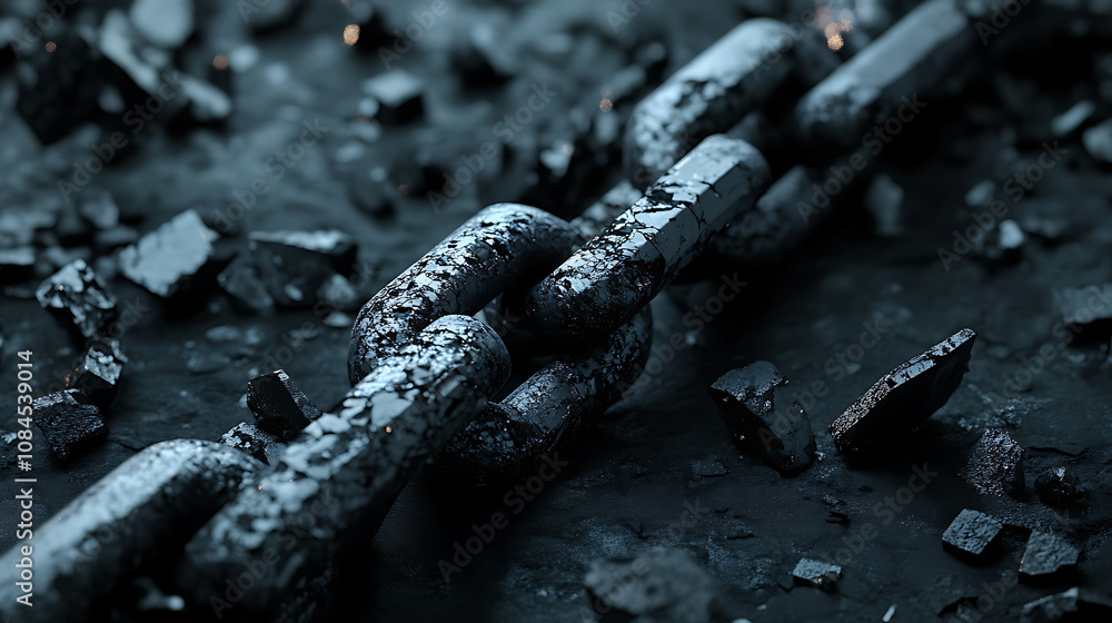 Poster a broken chain with digital binary code in the background, symbolizing transition and system change 